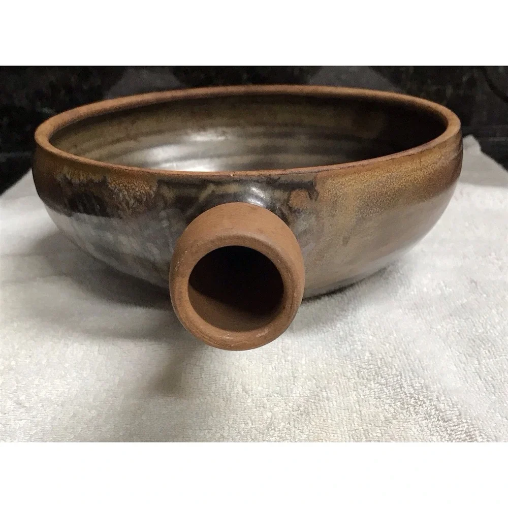 Stoneware Pottery Glazed Pot Bowl‎ with Handle Brown Tan Swirl